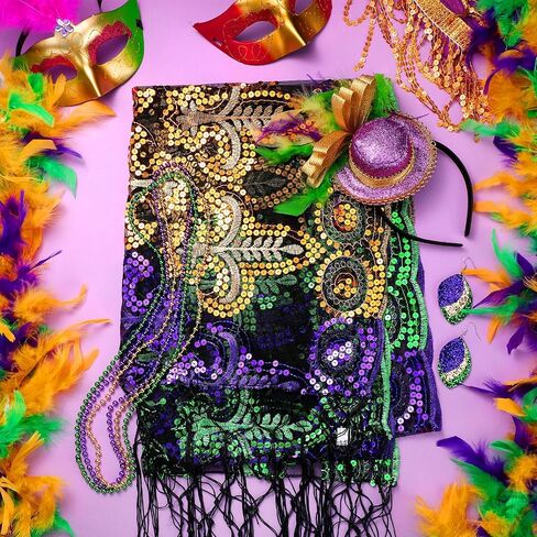Mardi Gras Shawl Scarf Costume Accessories Set Mardi Gras Feather Headband Vintage Earrings Gold Green Purple Necklace Masquerade Party Favor Accessories Multicoloured in Saudi Arabia
