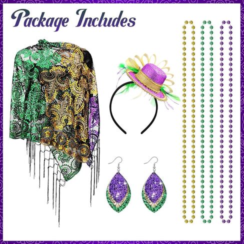 Mardi Gras Shawl Scarf Costume Accessories Set Mardi Gras Feather Headband Vintage Earrings Gold Green Purple Necklace Masquerade Party Favor Accessories Multicoloured in Saudi Arabia