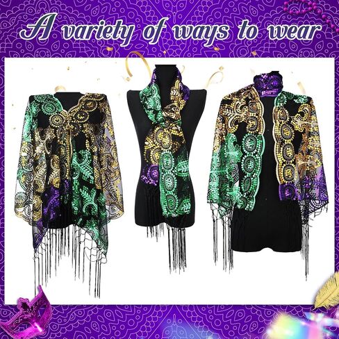 Mardi Gras Shawl Scarf Costume Accessories Set Mardi Gras Feather Headband Vintage Earrings Gold Green Purple Necklace Masquerade Party Favor Accessories Multicoloured in Saudi Arabia