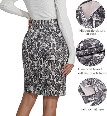Women's Faux Suede Snake Print Zipper High Waist Back Split Bodycon Midi Knee Length Skirt in Saudi Arabia