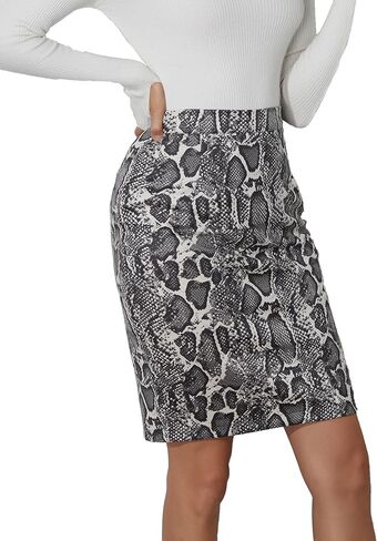 Women's Faux Suede Snake Print Zipper High Waist Back Split Bodycon Midi Knee Length Skirt in Saudi Arabia