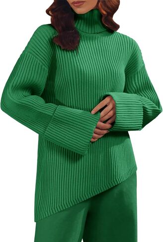 كنزة نسائية من Langwyqu ذات ياقة مدورة كبيرة الحجم وأكمام طويلة ومتماسكة ومضلعة غير متماثلة وسترة تونيك in Kuwait