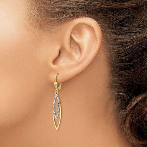 14k Yellow and White Gold Two Tone Diamond-cut Leverback Earrings - 49mm x 8mm in Saudi Arabia