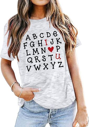 Valentines Shirts for Women Teacher Valentine Gift Alphabet I Love You Tops Girlfriend Shirts Short Sleeve Tees Tops in Kuwait