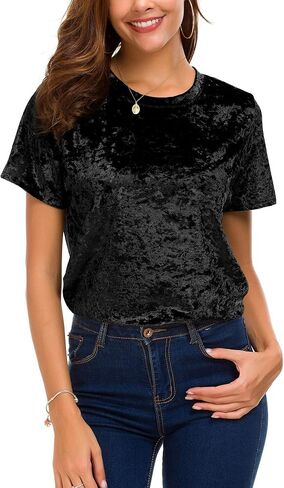 Women's Crew Neck Velvet Top Short Sleeve T-Shirt in Kuwait