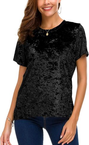 Women's Crew Neck Velvet Top Short Sleeve T-Shirt in Kuwait