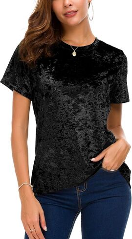 Women's Crew Neck Velvet Top Short Sleeve T-Shirt in Kuwait