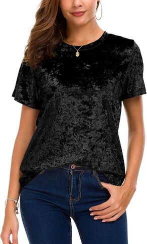 Women's Crew Neck Velvet Top Short Sleeve T-Shirt in Kuwait