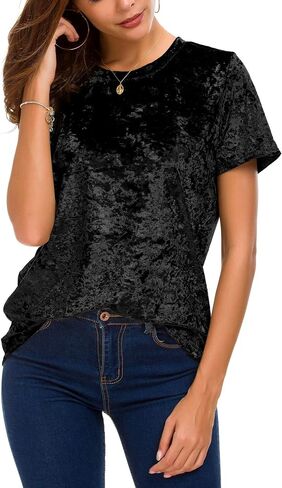 Women's Crew Neck Velvet Top Short Sleeve T-Shirt in Kuwait