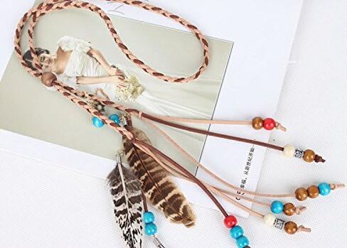 Gangel خمر بوهيميا ريشة هيرباند الغجر عقال مع ريش الطاووس شرابة حبل القنب للمهرجانات التنكرية كرنفال الهبي زي براون عقال الجانب ريشة المرأة إكسسوارات الشعر in Kuwait