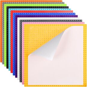 ZEAYEA 12 Pack Peel and Stick Baseplates, 10 x 10 Inch Self Adhesive Building Base, Compatible with All Major Brand Baseplates, Building Brick Plates for Activity Tables, Walls, 12 Colors