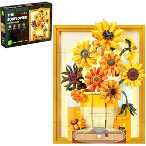 Flowers Building Set Sunflower with Lights Van Gogh Wall Art Crafts for Adults, Botanical Collection Toy Building Blocks Sun Flowers Painting Frame for Office Home Table Decor -1166pcs