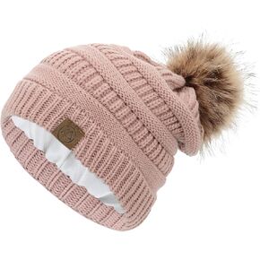 Zando Satin Lined Winter Hats for Women Beanies Women Satin Lined Beanie with Pom Pom Beanie Warm Winter Hat Knit Hats