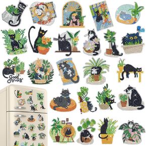 Refrigerator Diamond Art Magnets - 24PCS Black Cat Diamond Painting Fridge Sticker Set with Plant Crystal Painting Refrigerator Magnet for Beginner Adult Craft DIY Home Decor Good Luck Gift