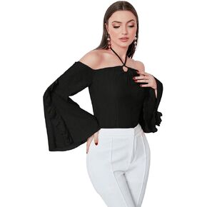 SweatyRocks Women's Casual Off Shoulder Tie Back Halter Top Long Sleeve Ruffle Trim Plain Blouse Shirt