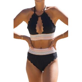 Women's Two Piece Bikini Sets Scalloped Hem Cutout Patchwork Bathing Suit