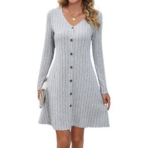 فستان نسائي متوسط ​​الطول بياقة على شكل V وأكمام طويلة وأزرار سفلية من Aossfre in Kuwait