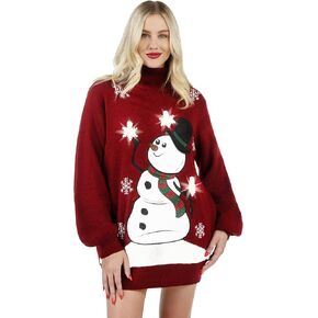 Giggling Getup Christmas Ugly Sweater Dress, 3D Snowman Women Turtleneck Loose Sweater