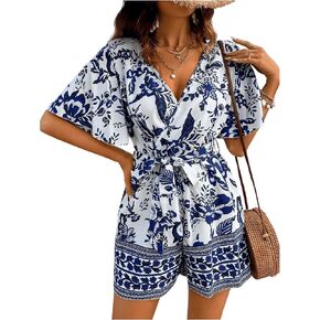 MakeMeChic Women's Boho Floral Flutter Short Sleeve Surplice Neck High Waist Wide Leg Romper Shorts Jumpsuit with Belt