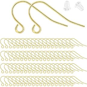 14K Gold Earring Hooks - 100Pcs Hypoallergenic Earring Hooks for Jewelry Making, Fish Earring Findings for Jewelry Making with 100Pcs Clear Rubber Earring Backs for DIY Jewely