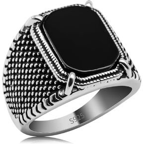 SKOOMEN Men's Ring in Sterling Silver, Black Onyx Silver Ring with Jewelry Box, Ottoman Gemstone Signet Rings, Large Handmade Statement Ring Band, Man Fine Jewelry Gift for Him