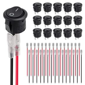 15pcs Round Rocker Switch 12V 20A ON Off Switch Mini Circle Toggle Switch 2Pin SPST 6A/250V 10A/125V AC Mini Rocker Switch with Wires for Car Automotive RV Boat