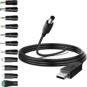 USB to DC 5V Power Cable 5.5 * 2.1mm Barrel Jack with 11 Connectors Adapter for HUB Splitter, LED Lights, Router, Mini Fan, Speaker Etc.