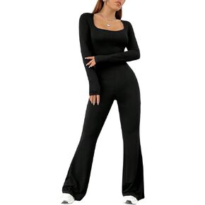 Floerns Women's Square Neck Long Sleeve Jumpsuit Casual Flare Wide Leg Bodycon Unitard