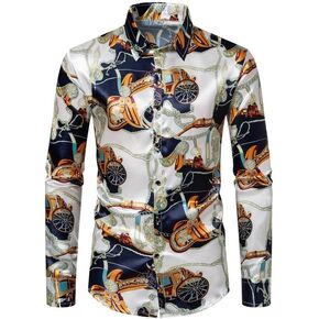 Mens Long Sleeve Printed Shirts Slim Fit Button Down Shiny Floral Silk Satin Dress Shirt for Party Prom Wedding