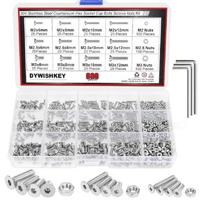 600 PCS Metric M2 M2.5 M3, 304 Stainless Steel Flat Head Countersunk Socket Cap Bolts Screws Nuts Assortment Kit with Hex Wrenches