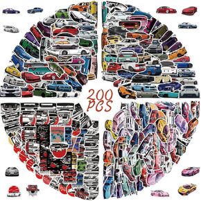 200Pcs JDM Racing Cars Stickers for Laptop, Sport Car Waterproof Stickers for Water Bottles, Skateboard, Guitar, Helmet, Gift for Adults