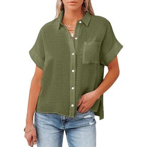 Womens Loose Henley Blouse Short Sleeve Cotton Button Down T Shirts Side Slit Tops