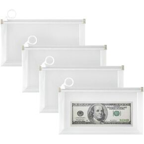 4pcs 4x8 inch Clear Plastic Money Bag Cash Envelope Receipt Coupon Stickers Stamps Zipper Case Organizer