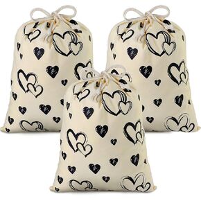 3 Pieces Large Canvas Gift Bags with Drawstring Christmas Gift Bag Printed with Hearts Bridal Shower Wedding Present Bags Drawstring Bag for Girls Valentines Day Anniversary Supplies,20 x 16 Inches