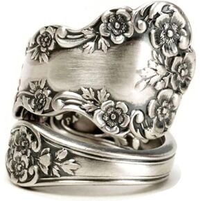 RINHOO Vintage Silver Spoon Rings for Women Victorian Flower Open Adjustable Boho Floral Statement Jewelry, Size 6-10