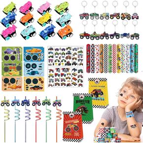 Monster Truck Party Favors Set, monster truck birthday decorations including 7 Types 84 Pcs Drinking Straws Gift Bags Mini Pull Cars Keychains DIY Stickers Temporary Tattoos Slap Bracelet