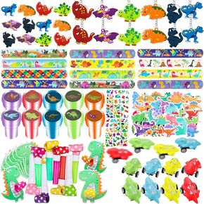 132Pcs Dinosaur party favors Dinosaur Rings for Boy Kids party Supplies Dinosaur slap Bracelet Tattoos Keychains Dinosaur Theme Party supplies for Birthday party goodie bag Fillers