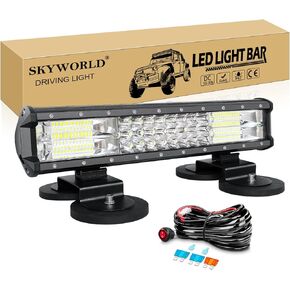 SKYWORLD 15 inch 216W Magnetic Car LED Light Bar with 12V Wiring Harness Cable Kit + Strong Magnetic Base Mounting Bracket Holder Off road Truck SUV 4x4, Driving Fog Lights 6000K White