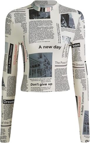 WDIRARA Women's Newspaper Print Crop Top Letter Graphic Long Sleeve Round Neck Slim Fit Knitted Shirt in Saudi Arabia