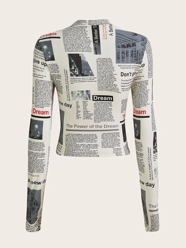 WDIRARA Women's Newspaper Print Crop Top Letter Graphic Long Sleeve Round Neck Slim Fit Knitted Shirt in Saudi Arabia