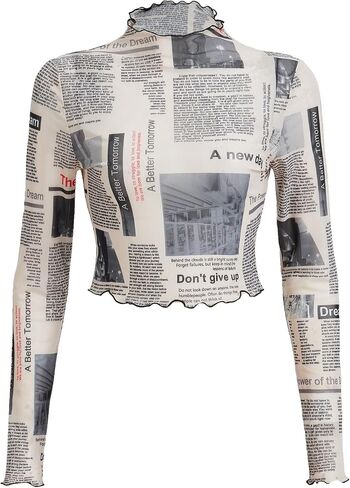 WDIRARA Women's Newspaper Print Crop Top Letter Graphic Long Sleeve Round Neck Slim Fit Knitted Shirt in Saudi Arabia
