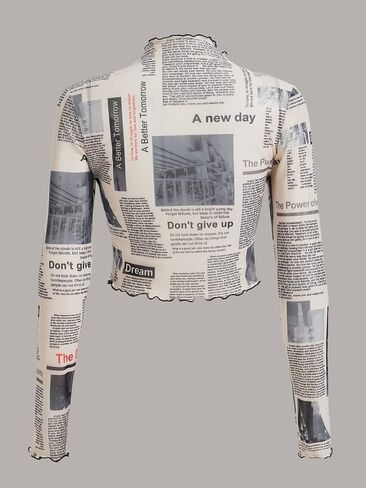 WDIRARA Women's Newspaper Print Crop Top Letter Graphic Long Sleeve Round Neck Slim Fit Knitted Shirt in Saudi Arabia