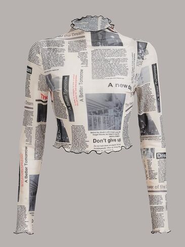 WDIRARA Women's Newspaper Print Crop Top Letter Graphic Long Sleeve Round Neck Slim Fit Knitted Shirt in Saudi Arabia