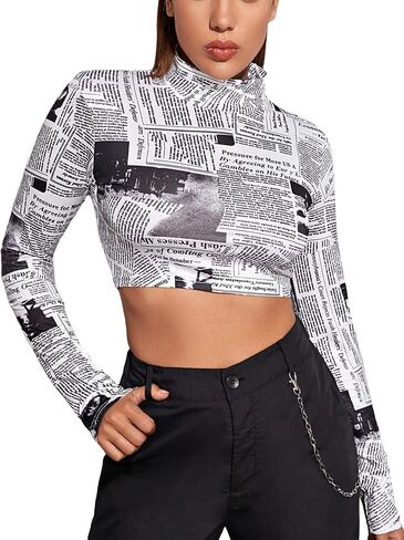 WDIRARA Women's Newspaper Print Crop Top Letter Graphic Long Sleeve Round Neck Slim Fit Knitted Shirt in Saudi Arabia
