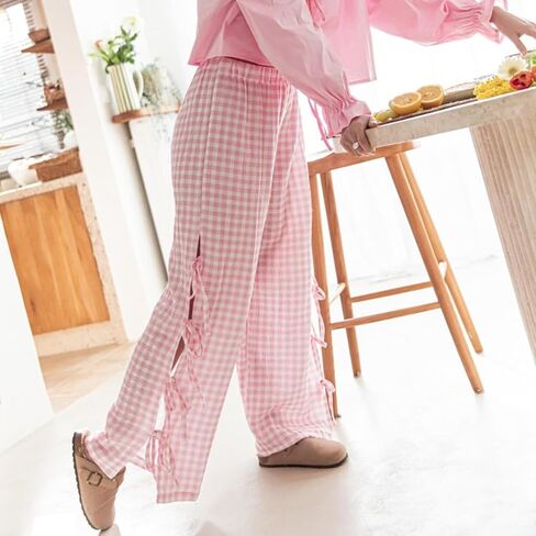 النساء Y2k مخطط طباعة السراويل عادية فضفاضة تناسب ارتفاع الخصر الرباط واسعة الساق البوب ​​السراويل خمر الشارع الشهير صالة السراويل in Kuwait