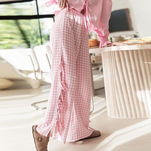 النساء Y2k مخطط طباعة السراويل عادية فضفاضة تناسب ارتفاع الخصر الرباط واسعة الساق البوب ​​السراويل خمر الشارع الشهير صالة السراويل in Kuwait