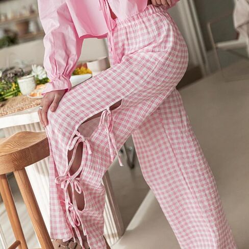 النساء Y2k مخطط طباعة السراويل عادية فضفاضة تناسب ارتفاع الخصر الرباط واسعة الساق البوب ​​السراويل خمر الشارع الشهير صالة السراويل in Kuwait