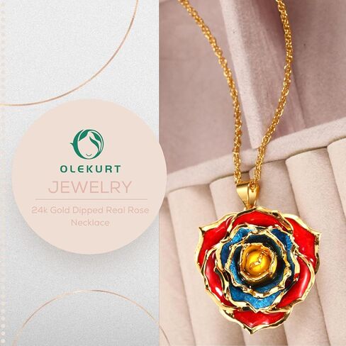 OLEKURT قلادة وردية هدايا للنساء، مجوهرات قلادة متدلية من الذهب الحقيقي عيار 24 قيراط - أفضل هدية لزوجتها وأمها والذكرى السنوية لعيد الحب وأعياد الميلاد والمناسبات الخاصة in Kuwait
