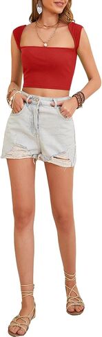 تيشيرت نسائي من Milumia مصنوع من نسيج مضلع بدون ظهر ورقبة مربعة بدون أكمام in Kuwait