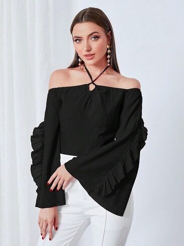 بلوزة نسائية كاجوال من SweatyRocks بدون أكتاف ورباط خلفي وأكمام طويلة ومزخرفة بكشكشة in Kuwait